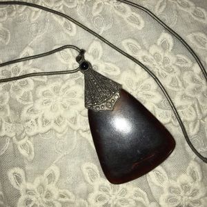 Vintage Black Chain w/ Black Metal & Amber charm.